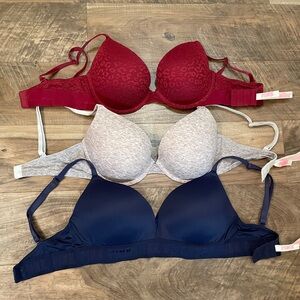 Victoria's Secret PINK Wear Everywhere Push Up Bra Trio Bundle Red, Gray, Blue